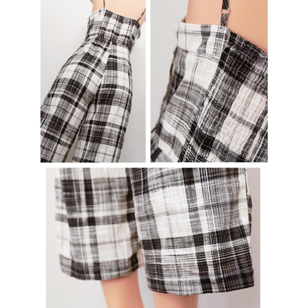 Plaid 100% Cotton Wide Leg Crop Overall Jumpsuit - Picture 4 of 8